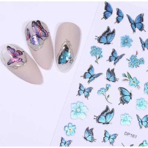 Holographics Blue 3D Butterfly Nail Art Stickers Adhesive Sliders Colorful DIY Gold Nail Transfer Decals Foils Wraps Decorations