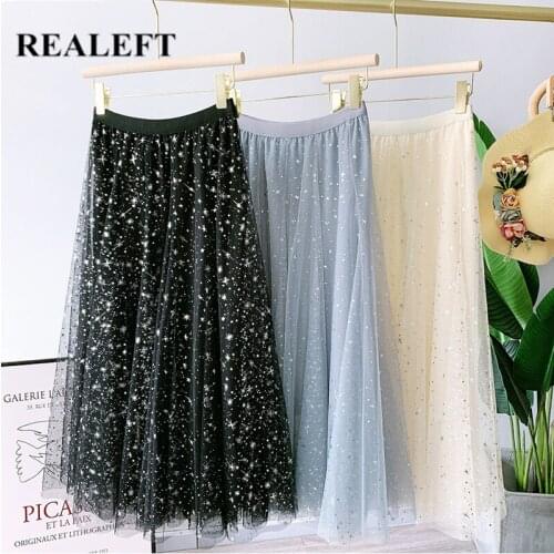 REALEFT Elegant Star Sequined Printed Mesh Women Long Skirt High Waist Harajuku Umbrella Female Party A-Line Skirt Spring Summer