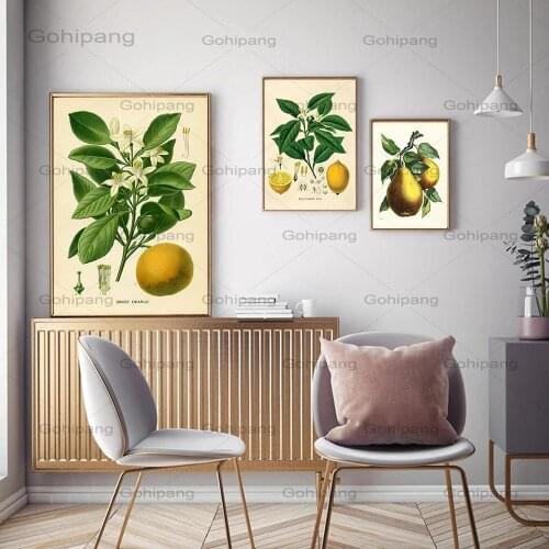Lemon Print Vintage Botanical Fruit Art Apple Pear Posters Orange Fruit Wall Art Canvas Painting Wall Pictures Kitchen Decor