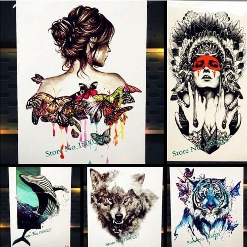 Flash Waterproof Watercolor Belle Girl Temporary Tattoo For Women Henna Arm Back Tatoo Body Art Fake Butterfly Tattoo Stickers