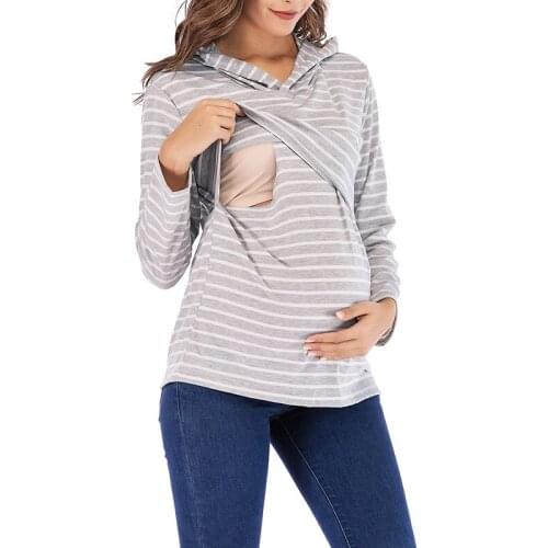 Womens Nursing Long Sleeve Hooded T-Shirt Pullover Creative With Hat Cotton Striped Hooded Loose Nursing Long Sleeve T-Shirt