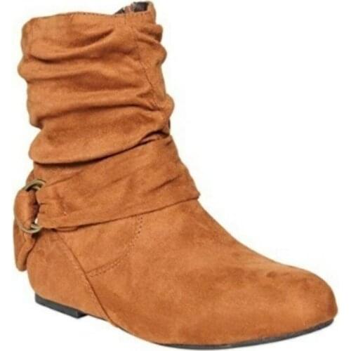 Womens Boots Winter High Shoes 2021 Fashion Suede Leather Buckle Zipper Ladies Short Boots Solid Comfortable Female Flat Shoes