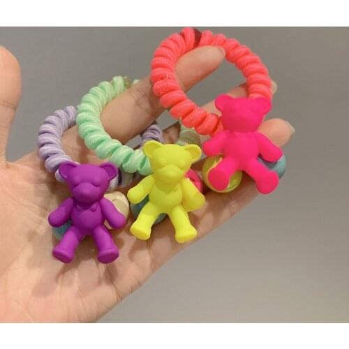 Women Korean Fluorescent Color Telephone Line Hair Rope Girl Bear Candy Color Hair Ties
