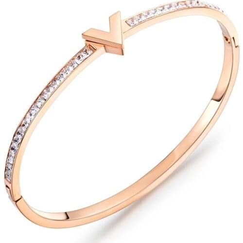 Charm letter V Zircon open bracelet bangles for women rose gold stainless steel cuff jewelry pulsera acero inoxidable mujer 2020