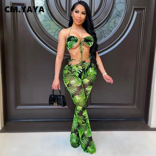 CM.YAYA Women Set Mesh Print Sleeveless Halter Bandage Bra Tops Long Flare Pants Two 2 Piece Sets Sexy Outfits Summer Fashion