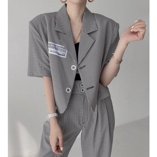 Wenfly Women Clothes Korean Suit Two Piece Set Letter Short Sleeve Single Breasted Thin Top High Waist Straight Casual Trousers