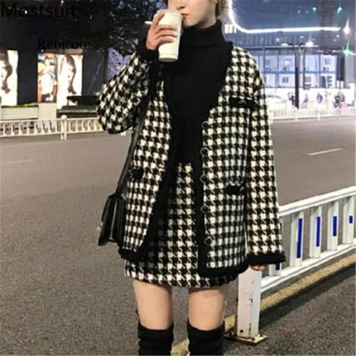 Houndstooth Vintage Two Piece Sets Outfits Women Autumn Cardigan Tops And Mini Skirt Suits Elegant Ladies Fashion 2 Piece Sets