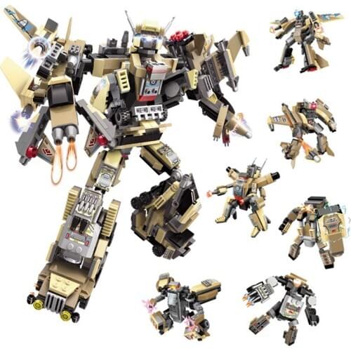 912Pcs 6IN1 Deformation Robot Fighter Mech Armoured Vehicle Tank Attack Boat Model Building Blocks Educational Toys for Children