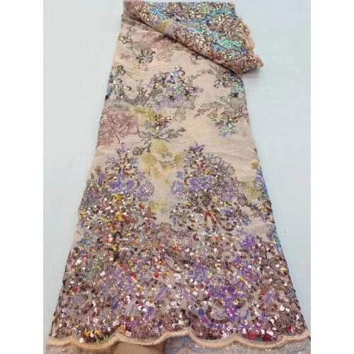 African Mesh Lace Fabric Nigerian Style Tulle Embroidery Flowers Stacks Sequins Craft Sewing Party Bridal Wedding Dress 5 Yards