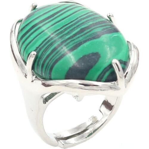 YJXP Silver Plated Oval Shape Adjustable Finger Wedding Ring Malachite Stone Fashion Jewelry