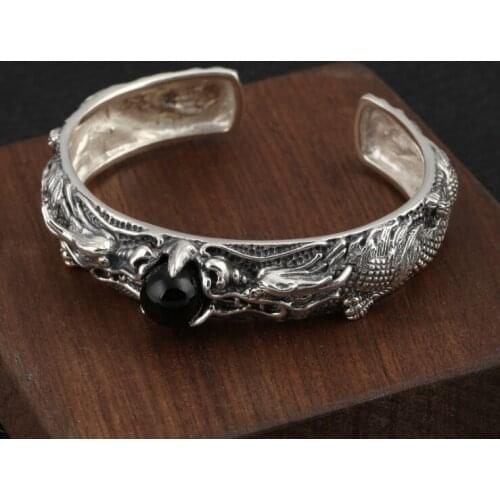 100%s925 sterling silver Rough mens bracelet retro double dragon play beads mens open Thai silver bracelet