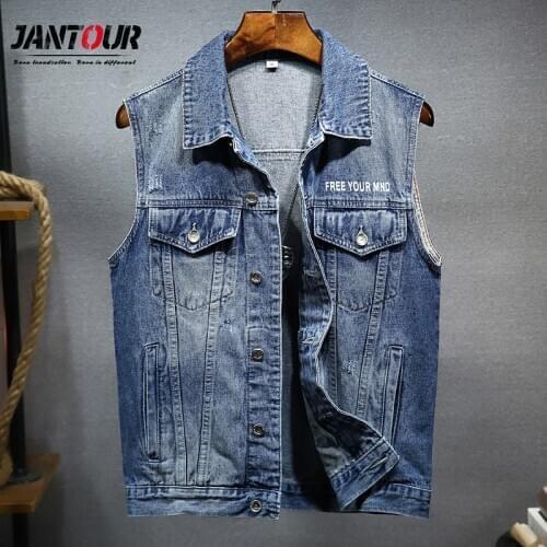 Brand 2020 New Men Jacket Retro Fashion Letter Print Denim Vest Turn-Down Collar Erkekler Ceket Moto Style Big Size M-4XL