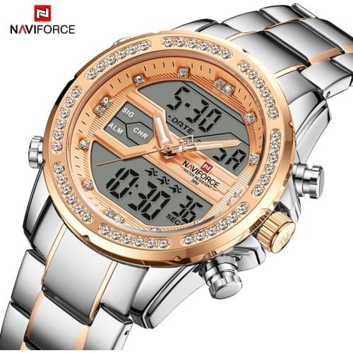 NAVIFORCE Luxury Fashion Rose Gold Diamond Sport Watch for Men Top Brand Luxury Analog Digital Dual Display Wristwatch Waterproo