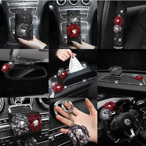 Flower Car Steering Wheel Cover Car Neck Waist Pillow Universal Car Styling Headrest Cushion Pearl Rose Tissue Box Women