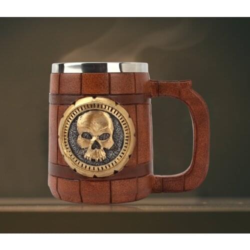 Retro Skull Wooden Barrel Cup 3D Resin Stainless Steel Beer Mug Knight Halloween Tea Coffee Cup Pub Bar Decoration