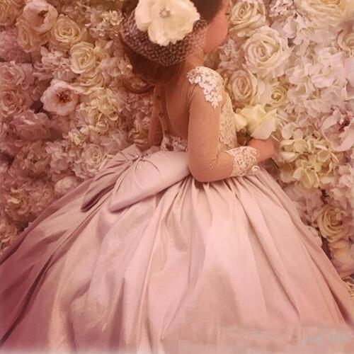 Kids Flower Girls Dresses for Wedding Sheer Long Sleeves Lace Party Birthday Children Communion Pageant Dresses for Girls
