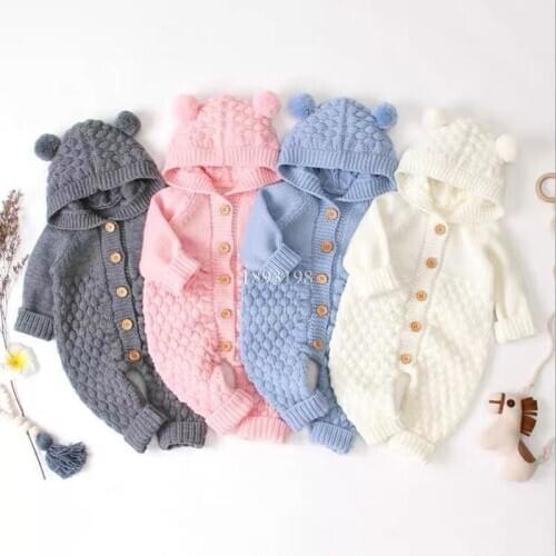 Baby Knitted Romper Spring Autumn Newborn Boys Girls Hooded Sweaters Toddler Cute Warm Jumpsuits Clothes