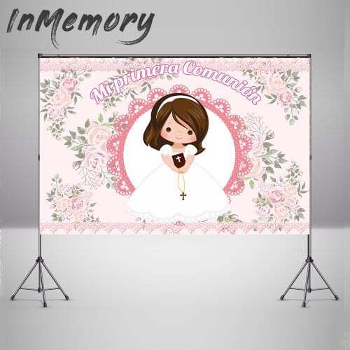 First Holy Communion Backdrops Decoration Photophone Girl Pink Flower Baptism Party Backgrounds Custom Photo Studio