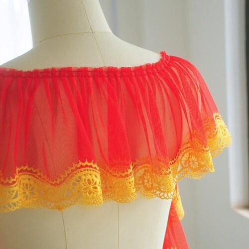 10Meters Red Pleated Mesh Lace Trim Yellow Floral Embroidered Ribbon Ruffle Fringe Trim DIY Sewing Supplies Doll Accessories