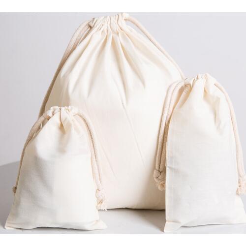 Cotton Environmental Reusable Women Men Travel Shopper Tote Storage Bags Drawstring Shopping Bag Large Solid White Canvas