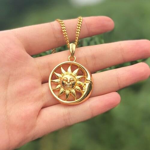 Stainless Steele Sun Moon Necklace Goth Sun Pendant Necklace for Women Men Gold Chain Choker Tarot SunFlower Face Jewelry Bijoux