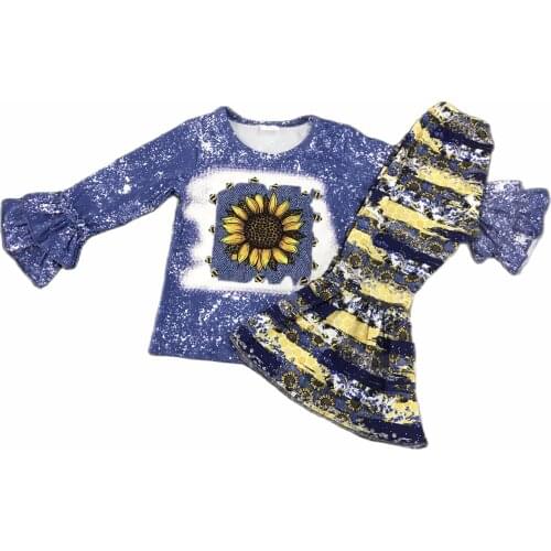 New Style Long Sleeve Sunflower Print Kid Clothing Set Baby Girl Outfit