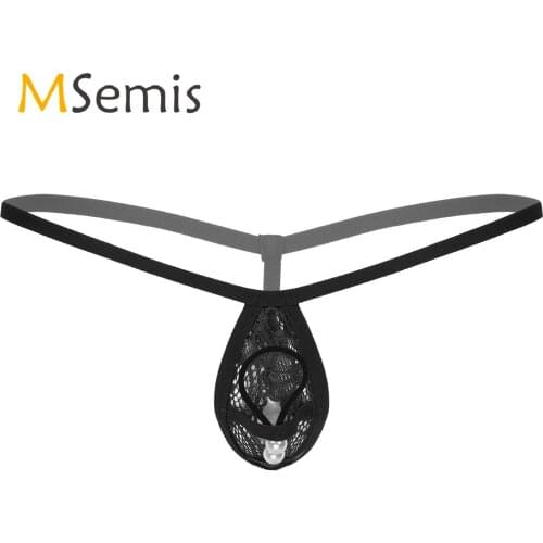 See Through Lace Sexy Panties Mens Lingerie G-String Thongs Briefs Bulge Pouch T-back Artificial Pearls/Bead Decor Underwear