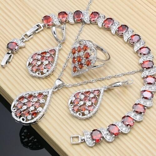 Luxury Fashion Bride 925 Silver Red Garnet Jewelry Sets Earrings Stone Bracelet Ring Necklace Set Dropshipping