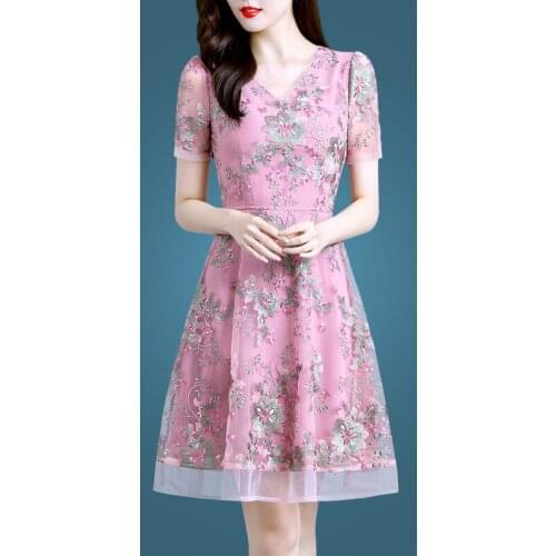 S-4XL Summer Women Elegant Vintage Dress V-neck Sexy A-line Vestidos Mesh Short Sleeve Party dress Plus Size 1360