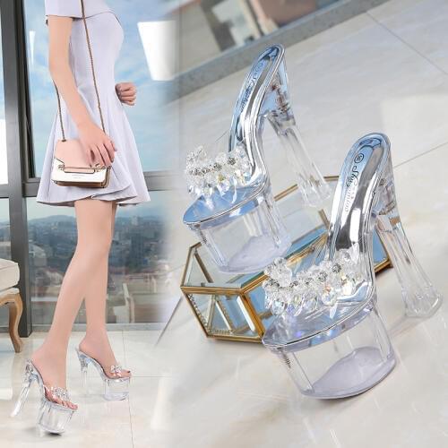17.5CM Transparent Platform Sandals Ladies Open Toe High Shoes Wedding Shoes Women Sandals Clear Glass Bead PVC High Heel