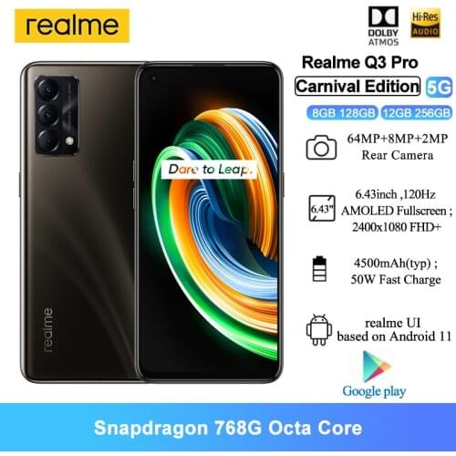Realme Q3 Pro Carnival Edtion 5G Smartphone 6.43" Snapdragon 768G Octa Core 64MP Camera Smartphone 50W Fast Charge 8GB RAM
