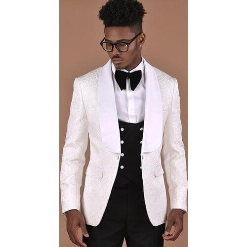 Custom Made Groomsmen Pattern Groom Tuxedos Shawl White Lapel Men Suits Wedding Best Man Blazer ( Jacket+Pants+Vest+Tie ) C454