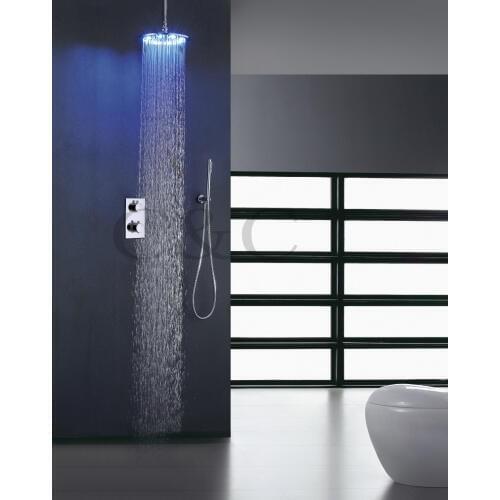 Contemporary Bathroom Shower Mixer Faucet Tap Ceil Mount 7 Colors LED Round Rainfall Shower Head Thermostatic Valve 001-10RC-3Y