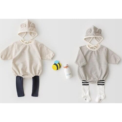 Spring Autumn Korean Style Baby Bodysuits +Hat Stripe Long Sleeve Baby Girls Jumpsuit Cotton Clothes
