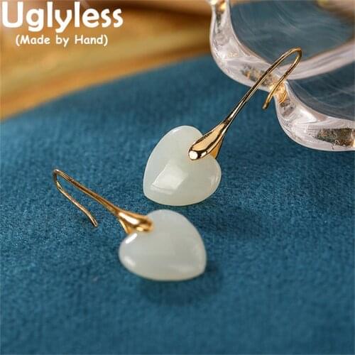 Uglyless Sweet Heart Earrings for Women Natural Gemstones Jade Earrings Real 925 Sterling Silver Ear Hooks LOVE Gifts Jewelry