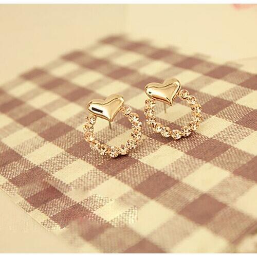 Womens Korean Style Golden Peach Heart Shaped Flower Crystal Earrings 2017 New Hot Sale Volunge Jewelry Wholesale