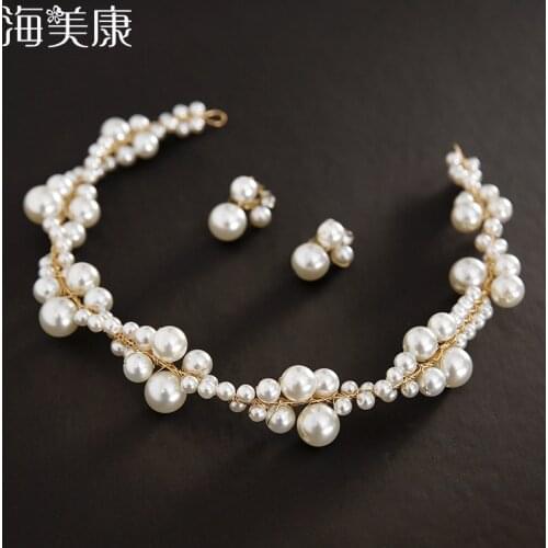 Haimeikang White Uneven Pearl Hair Band Set Bride Wedding Headwear Girls Spiral Pearl Crown Earrings Ear Clip Hair Accessories