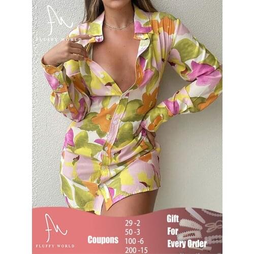 2021 Summer Office Lady Woman Female Long Sleeve Shirt Dress Sexy Mini Beach Dress Tropical Print Elegant Sexy Party Dress New