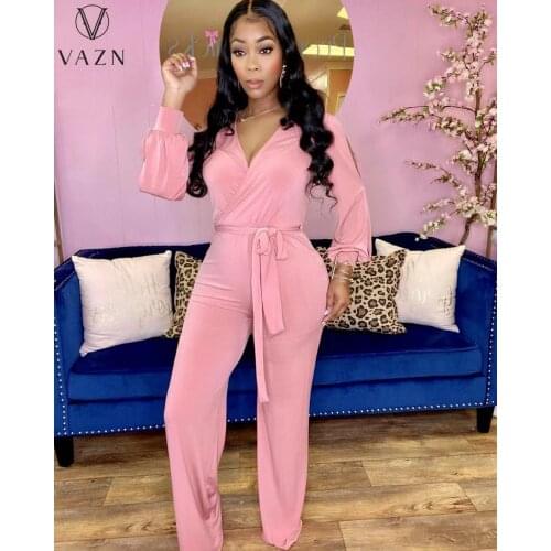 VAZN 2021 New Arrival Formal City V-neck Fulll Sleeve Sexy Club Joker Fashion High Waist Women Long Pencil Jumpsuits