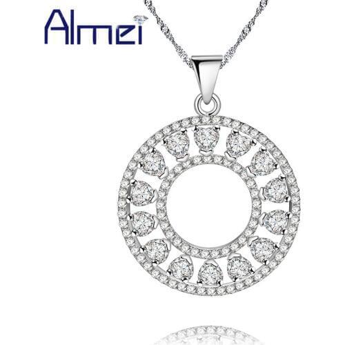 Almei Silver Round Necklaces & Pendants Charms Rhinestone Suspension Women Bijouterie Pingente With Stones Colar Jewelry PN4328