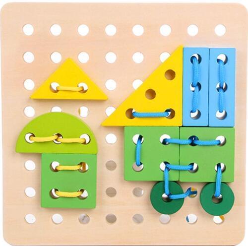 Wooden Threading Board Geometric Blocks Lacing Game Color Shape Early Learning Educational Toys Birthday Gift for Children Kids