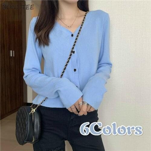 Cardigans Women Solid Long Sleeve V-Neck Simple Single-breasted Slim Leisure Trendy Elegant Lady Korean Style Sweater Spring New