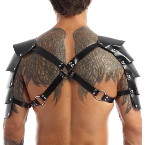 MSemis Mens Bondage Lingerie Faux Leather Adjustable Body Chest Harness Bondage Costume Gay Mens Harness with Shoulder Armors