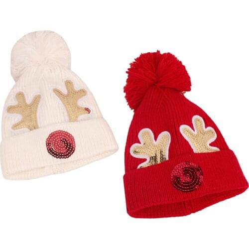 Newest Arrival Kids Christmas Hats Unisex Sequins Antler Patterns Knitted Hat Beanie for Autumn Winter Black/Red/Milky White