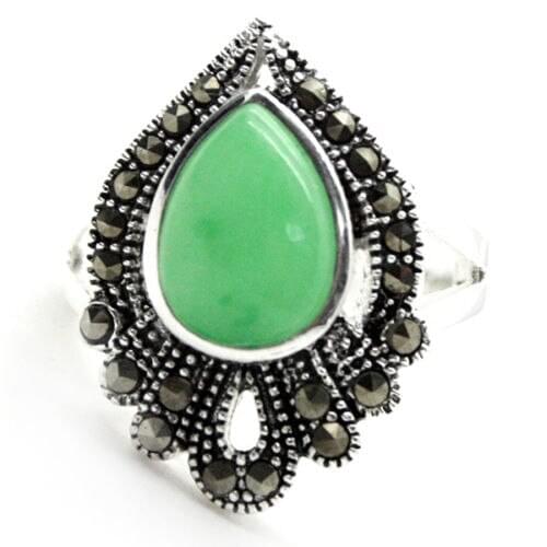 Wholesale good RARE NATURAL GREEN real Round stone g GEMS MARCASITE 925 STERLING RING SIZE 7/8/9/10# Genuine mans jewelry Fine