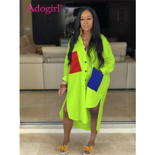 Adogirl Big Colorful Pockets Loose Casual Shirt Dress Plus Size S-2XL Women Long Sleeve Asymmetrical Midi Dress Streetwear