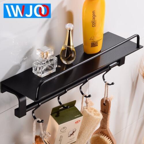 Bathroom Shelves Shower Storage Rack Aluminum Black Bathroom Shampoo Shelf Organizer with 4 Hooks Wall Mounted Toilet Racks