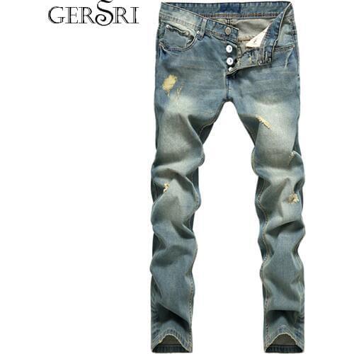 Gersri European American Style Popular Fashion Jeans Hole Famous Brand Spliced Jeans Straight Mens Blue Jeans Pants mens Jeans