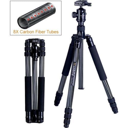 Manbily CZ-302 Professional Carbon Fiber 8X Tube Tripod Photo Portable Travel Camera DV Stand for DSLR, Max Load 15kg / 33.1lbs