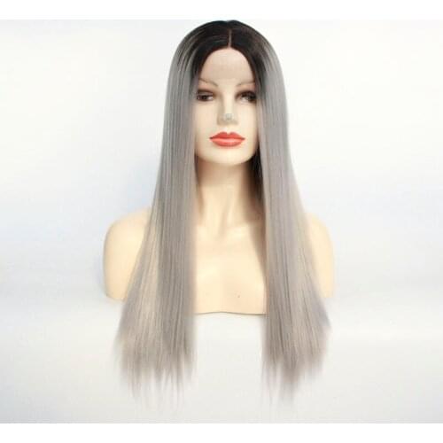 Ombre Gray 2 Tones Synthetic Lace Front Wig Dark Roots Natural Straight Silver Grey Synthetic Hair Wigs For Women Heat Resistant